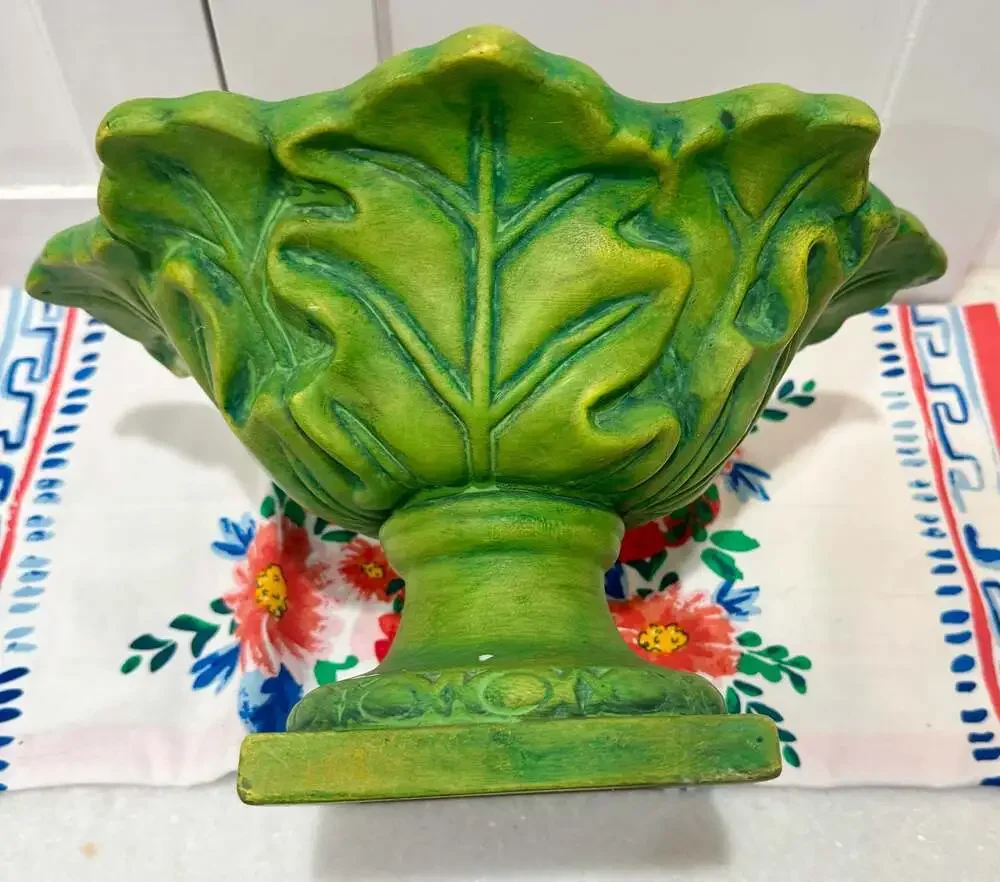 Vintage Mid-Century Majolica Style Green Cabbage Leaf Pedestal Compote Dish